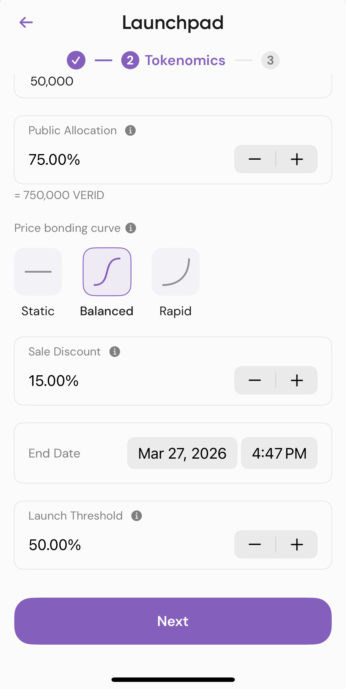 PacaLaunch on Alpaca Wallet iOS — configure bonding curves, public allocation, sale discount, and launch threshold directly from your phone