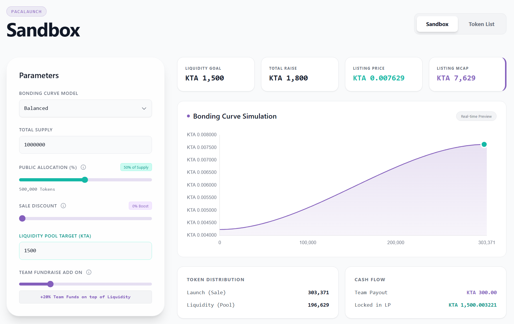PacaLaunch Sandbox — simulate your token launch with configurable bonding curves and real-time pricing on the Keeta launchpad