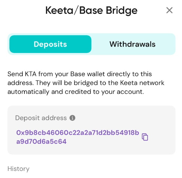 Keeta Base bridge in Alpaca Wallet with your deposits address